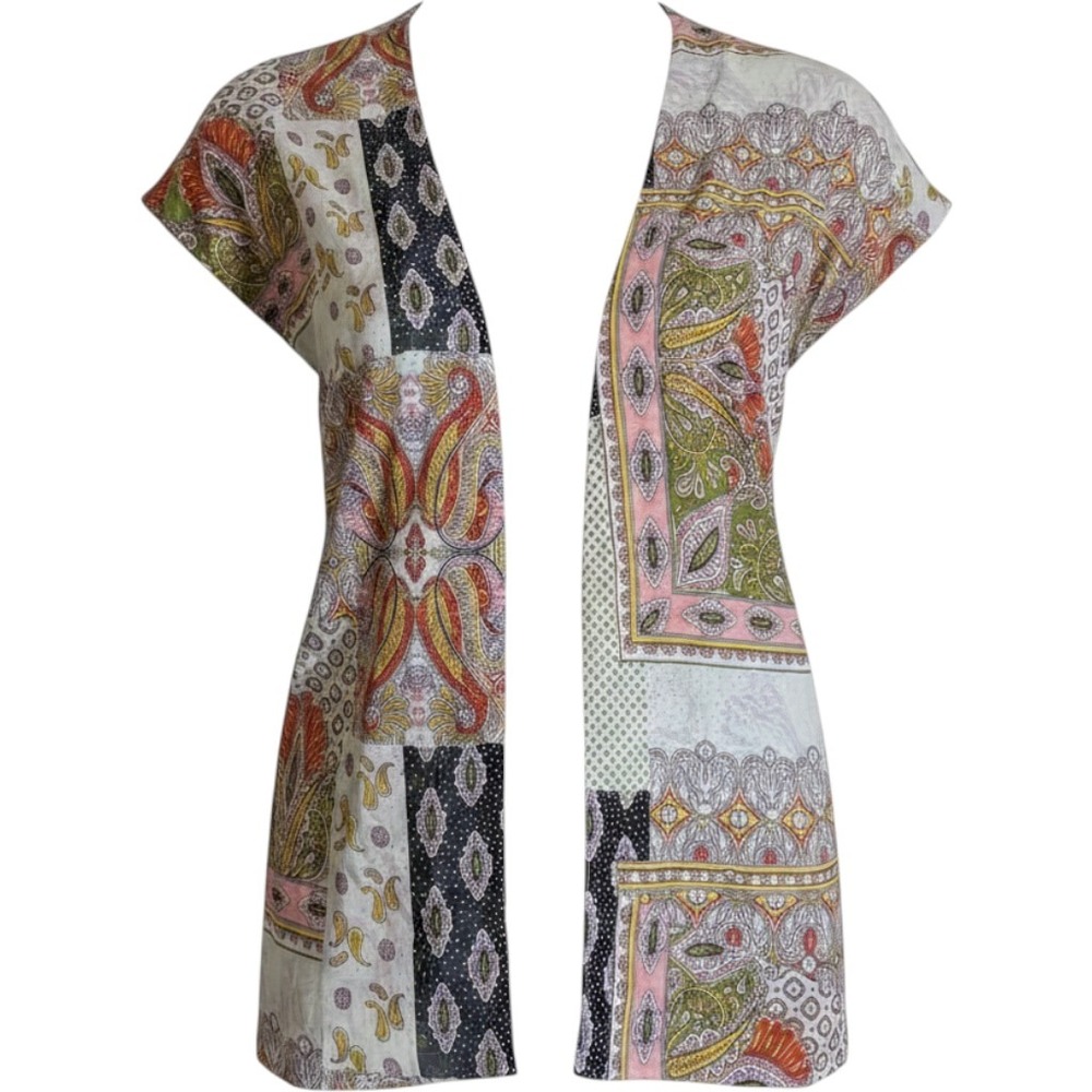 VNT Hippie Jessica McClintock Open Front Wrap Vest W OS Multi Paisley Rhinestone